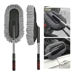 Extendable microfiber car duster with long handle for easy dusting on roofs and wheels