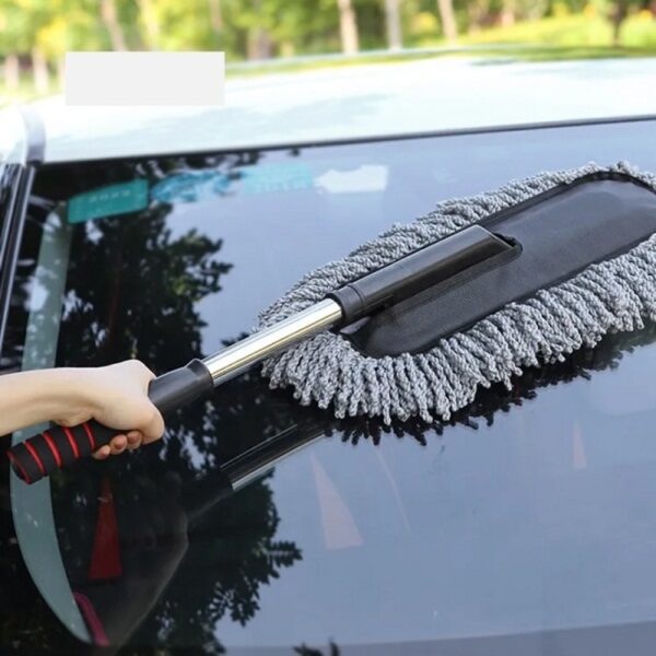 Extendable microfiber car duster with long handle for easy dusting on roofs and wheels