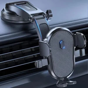 An adjustable car phone holder with a flexible arm, attached to an air vent, holding a phone horizontally for navigation