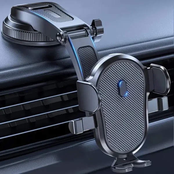 An adjustable car phone holder with a flexible arm, attached to an air vent, holding a phone horizontally for navigation