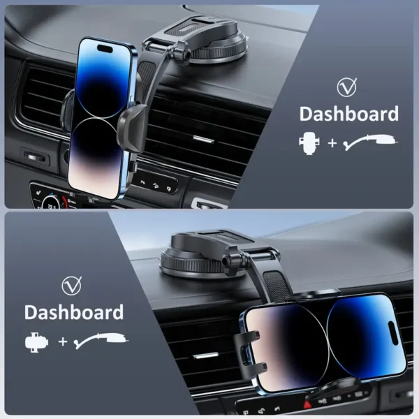 An adjustable car phone holder with a flexible arm, attached to an air vent, holding a phone horizontally for navigation