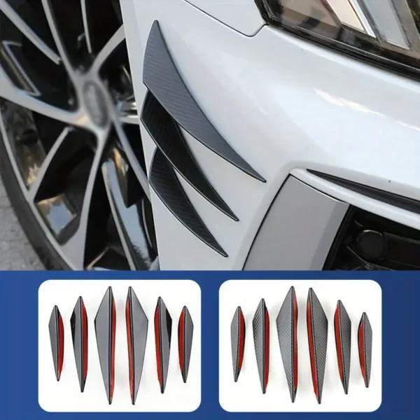 Carbon fiber style universal front bumper lip splitter with decorative fins, body spoiler canards, and valence chin design for car tuning and aerodynamic enhancement.