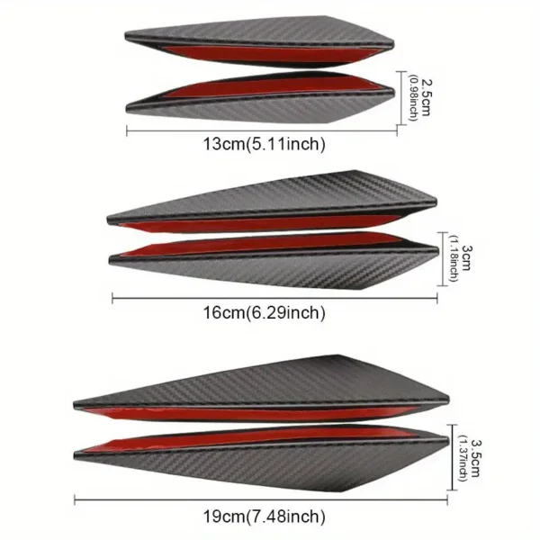 Carbon fiber style universal front bumper lip splitter with decorative fins, body spoiler canards, and valence chin design for car tuning and aerodynamic enhancement.