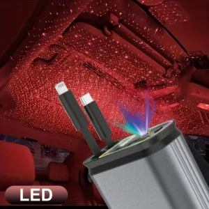 66W 4-in-1 retractable car charger with star projector, color breathing light, dual USB ports, Lightning and Type-C connectors, compatible with iPhone, Galaxy, and Pixel devices, compact and portable design.