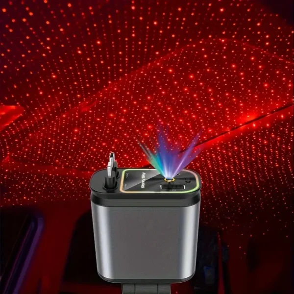 66W 4-in-1 retractable car charger with star projector, color breathing light, dual USB ports, Lightning and Type-C connectors, compatible with iPhone, Galaxy, and Pixel devices, compact and portable design.
