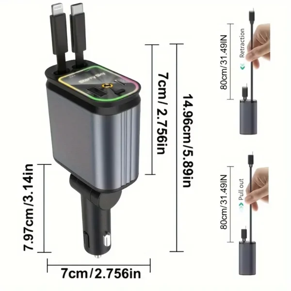 66W 4-in-1 retractable car charger with star projector, color breathing light, dual USB ports, Lightning and Type-C connectors, compatible with iPhone, Galaxy, and Pixel devices, compact and portable design.