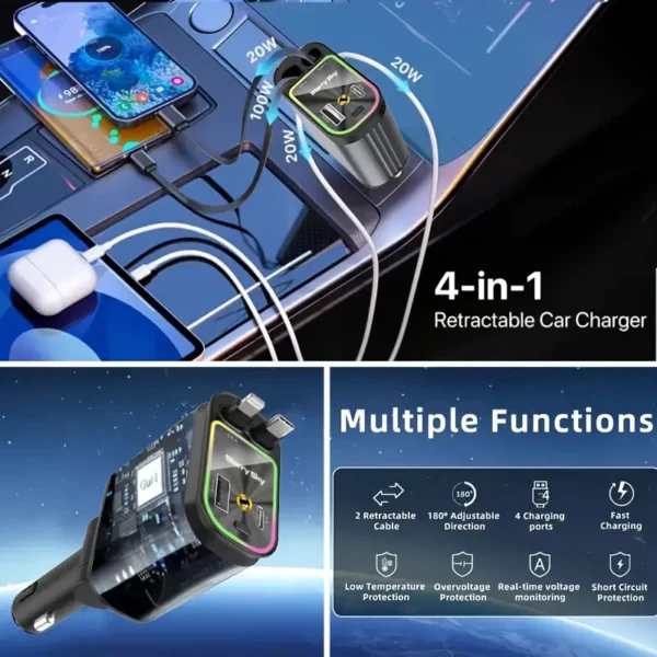 66W 4-in-1 retractable car charger with star projector, color breathing light, dual USB ports, Lightning and Type-C connectors, compatible with iPhone, Galaxy, and Pixel devices, compact and portable design.