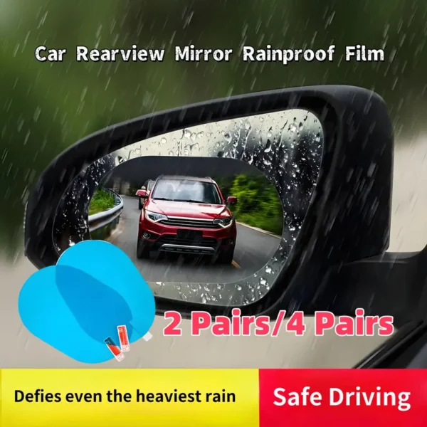 2 or 4 pairs of car mirror rainproof film with hydrophobic anti-fog coating, oval shape for flat mirror surfaces, provides clear visibility in heavy rain and enhances driving safety.