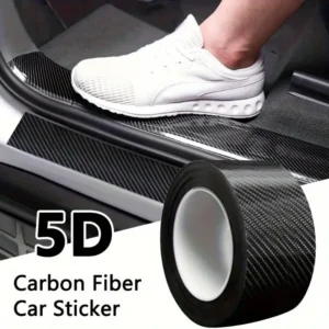2.76x118.11-inch high-gloss 5D carbon fiber reflective car sticker tape, self-adhesive and waterproof, used for protecting vehicle door sills, bumpers, and mirrors, with scratch-resistant surface and easy installation.