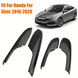 Self-adhesive carbon fiber armrest cover for Honda Civic 2016–2020, interior door panel trim that protects against wear and enhances style, easy to install and ideal for car enthusiasts.