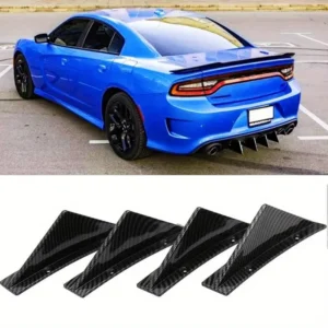 4PCS curved-shaped rear bumper lip diffuser with universal shark fin style, aerodynamic spoiler lip wing splitter for enhanced car styling and performance.