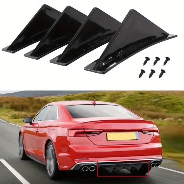 4PCS curved-shaped rear bumper lip diffuser with universal shark fin style, aerodynamic spoiler lip wing splitter for enhanced car styling and performance.