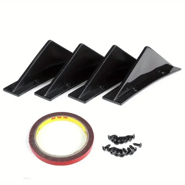 4PCS curved-shaped rear bumper lip diffuser with universal shark fin style, aerodynamic spoiler lip wing splitter for enhanced car styling and performance.
