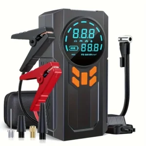 JKUOO 5-in-1 portable car jump starter with air compressor, 150PSI tire inflator, USB rechargeable power bank, 8000mAh lithium battery, compact emergency car starter with digital display