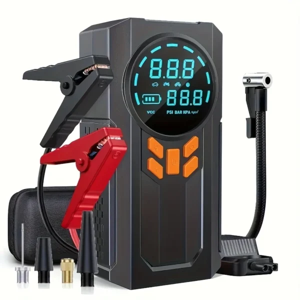 JKUOO 5-in-1 portable car jump starter with air compressor, 150PSI tire inflator, USB rechargeable power bank, 8000mAh lithium battery, compact emergency car starter with digital display