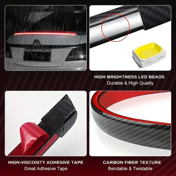 Universal luminous car spoiler with LED light strip, external rear roof wing splitter, and carbon fiber accessory, designed to enhance car appearance and safety, suitable for most vehicles.