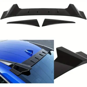 Glossy black roof spoiler for 2022-2023 Honda Civic R Style with polished finish, aerodynamic rear window wing design, enhances car styling and performance.