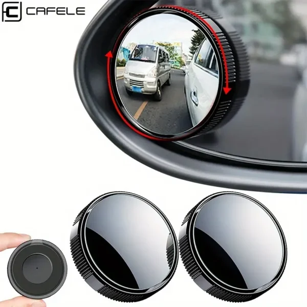 2PCS blind spot car mirrors with 2-inch high-definition convex glass, 360° wide-angle view, reusable design, universal fit for cars, SUVs, and trucks, sleek black finish for enhanced safety and visibility.