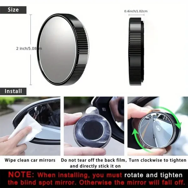 2PCS blind spot car mirrors with 2-inch high-definition convex glass, 360° wide-angle view, reusable design, universal fit for cars, SUVs, and trucks, sleek black finish for enhanced safety and visibility.