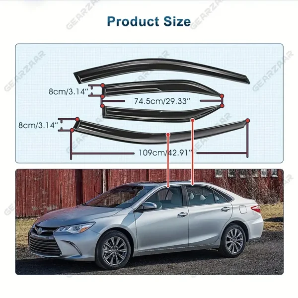 JDM Mugen Style Tape-On Window Visors for 2012–2017 Toyota Camry Sedan – 4pcs Set Wind Deflectors, Rain Guards, Sun Vent Shades for All-Weather Protection
